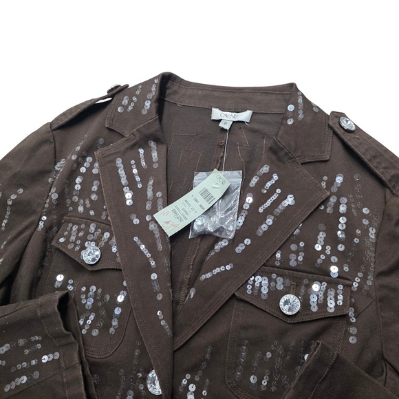 Cache Brown Sequins Embellished Military‎ Style Blazer Jacket Size 6 - Picture 2 of 9
